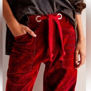 Free People We The Free Moxie Flocked Pull On Barrel Jeans Sz 28 Red RARE! $228